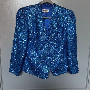 Vintage NU Mode Blue Sequin Blazer Jacket 80s 90s Disco Glam Party XL